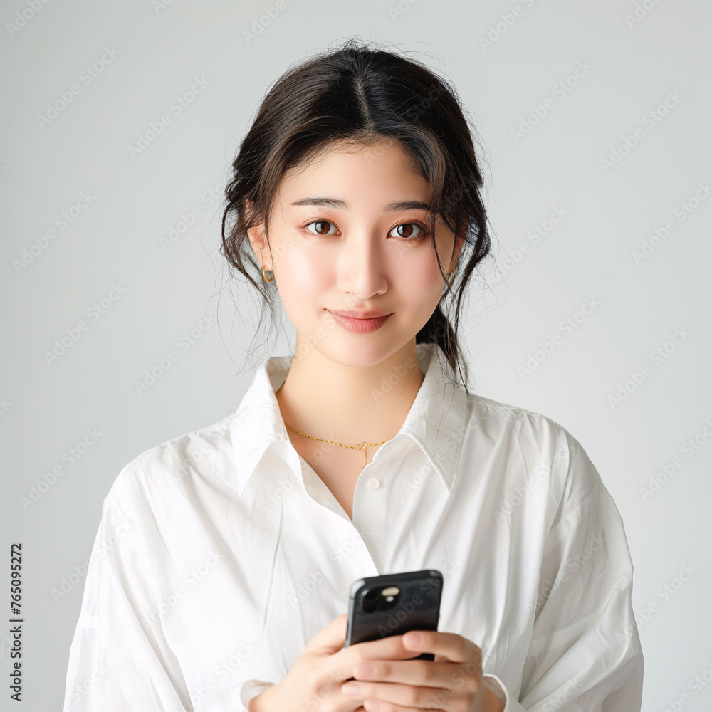 Young Asian Businesswoman in Suit Engaging with Smartphone Technology. Young Asian Businesswoman in Suit Engaging with Smartphone Technology.