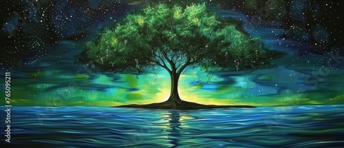  A small island in the middle of a body of water, painted with a tree under the starry sky