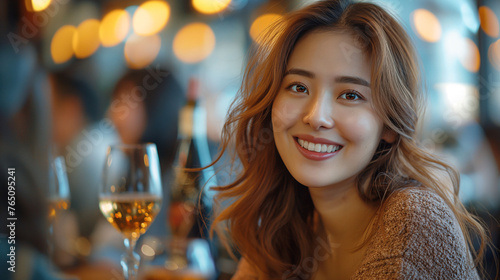 Young woman with warm smile and wine on a winter evening experience in a lively bar. Relaxing fun time with alcohol concept.