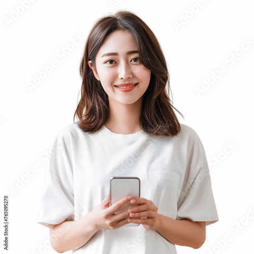 Young Asian Businesswoman in Suit Engaging with Smartphone Technology.