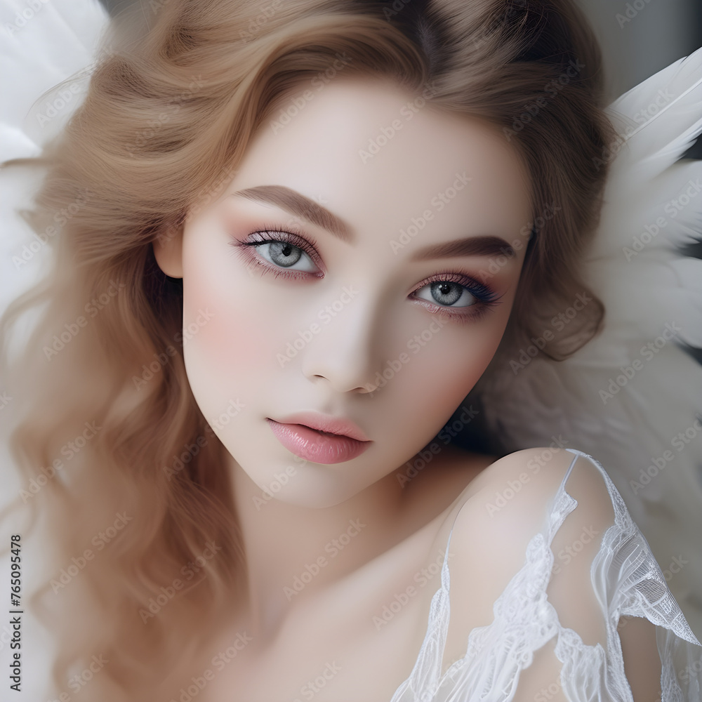 Angel-like youthful makeup with pastel eyeshadow and white blush.
Generative AI. Angel-like youthful makeup with pastel eyeshadow and white blush.
Generative AI.