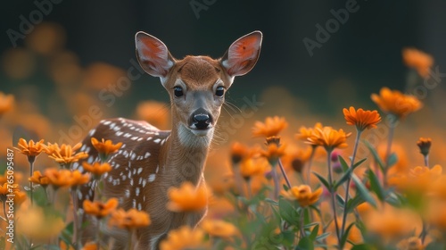  a young deer is standing in a field of wildflowers with a blurry background of orange and yellow flowers.