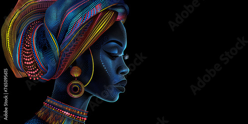 African woman in vibrant digital art with dotted patterns and colorful head wrap on a black background.
