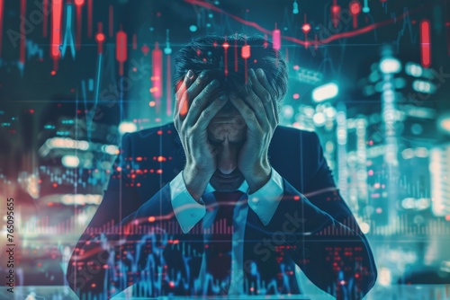 An image depicting a stressed and desperate businessman crying as he watches a stock market crash and business decline due to an economic crisis.  photo