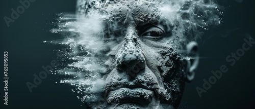  A man's face with a lot of smoke emerging and many bubbles rising from it