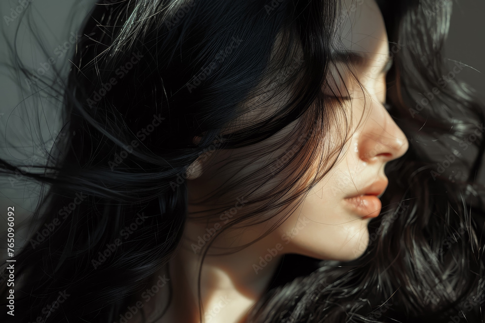A woman with long black hair, styled in soft waves and curls. A woman with long black hair, styled in soft waves and curls.