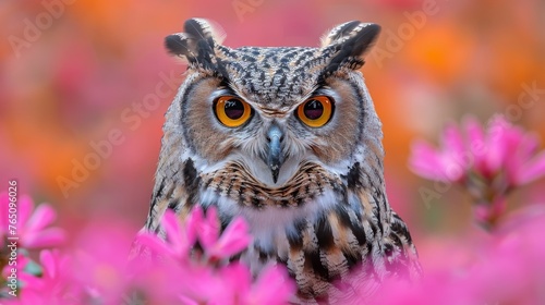  a close up of an owl in a field of flowers with a blurry background of orange and pink flowers. © Shanti