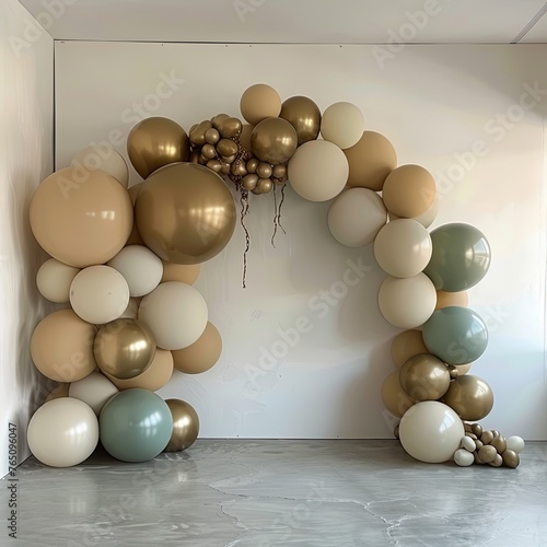 Olive and gold balloons and arch, in the style of matte background