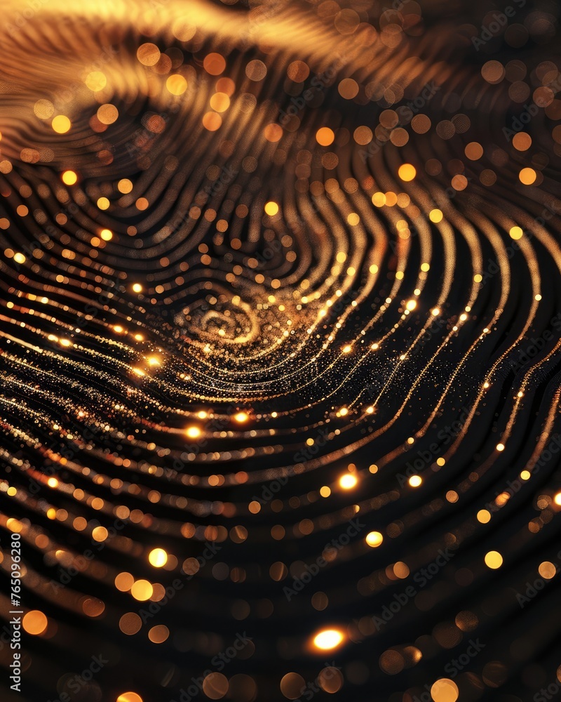 Abstract fingerprint in gold light lines on black background Abstract fingerprint in gold light lines on black background
