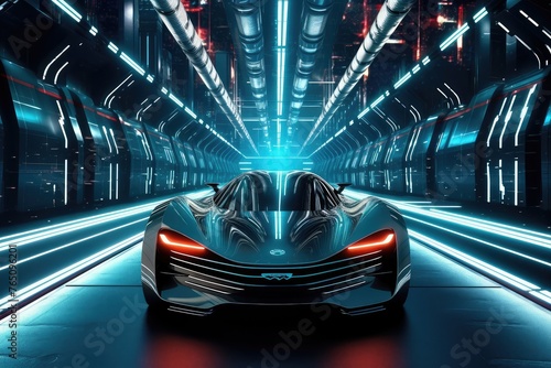 fast moving car in tunnel futuristic blue 