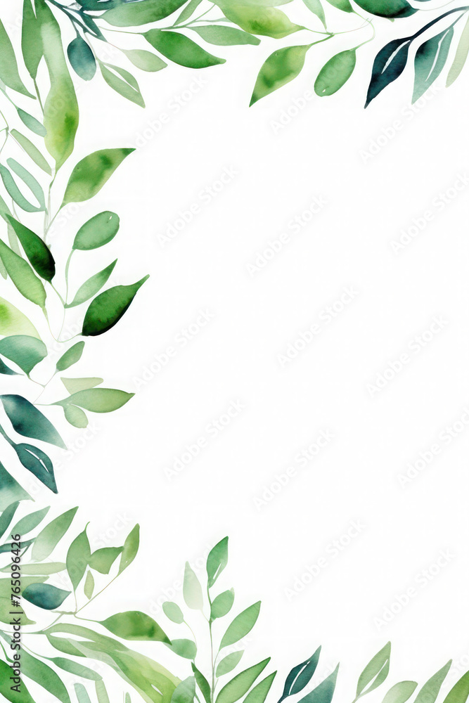 delicate frame with green spring leaves on a white background. wedding or birthday invitation card