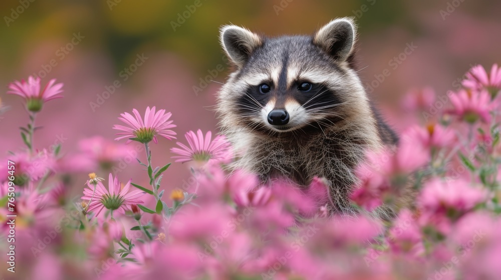  a raccoon in a field of pink flowers looking at the camera with a surprised look on its face.