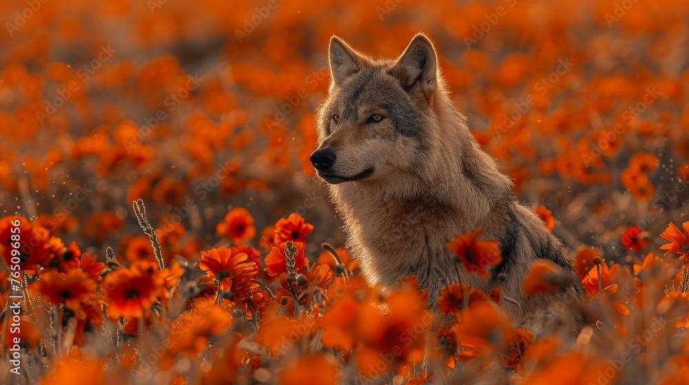 Fototapeta premium a wolf standing in the middle of a field with red flowers in the foreground and an orange sky in the background.