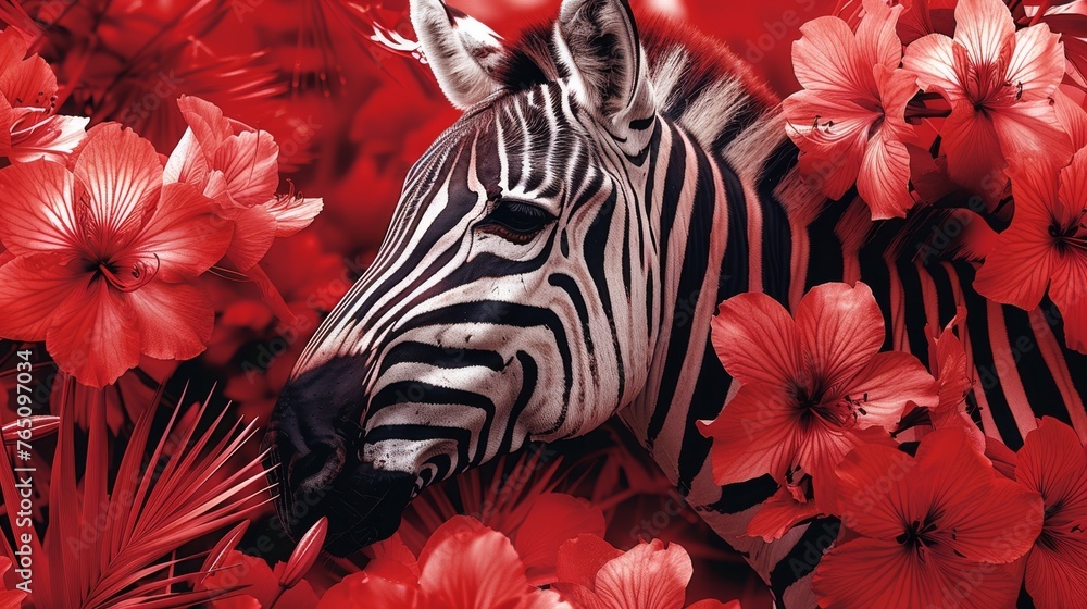 Naklejka premium a close up of a zebra in a field of flowers with red flowers in the foreground and a black and white zebra in the background.
