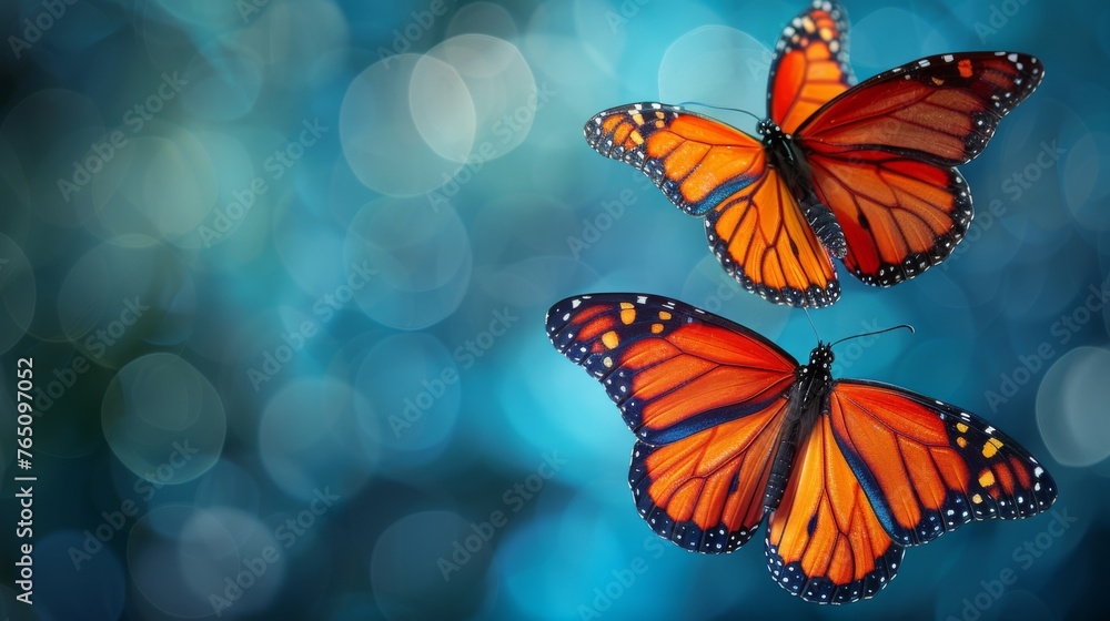 two orange butterflies flying next to each other on a blue and green background with boke of lights in the background. two orange butterflies flying next to each other on a blue and green background with boke of lights in the background.