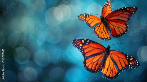  two orange butterflies flying next to each other on a blue and green background with boke of lights in the background. © Shanti