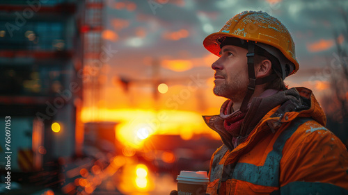 a tired construction worker drinking coffee.generative ai