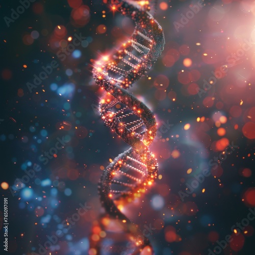 A digitally rendered DNA helix glows with fiery particles  symbolizing the essence of life and genetic complexity