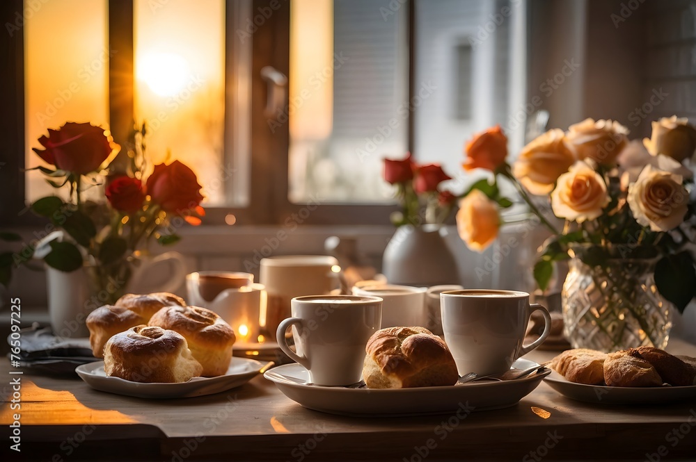 Morning Breakfast Spread Featuring Fresh Coffee, Pastries, and Roses at Sunrise