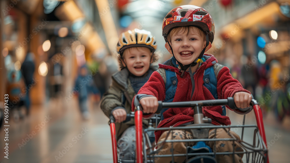 Joyful kids in mall cart, lit with natural elegance.generative ai