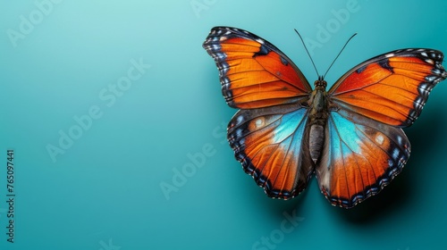  an orange and blue butterfly sitting on top of a blue surface with its wings spread out and wings spread out. © Shanti