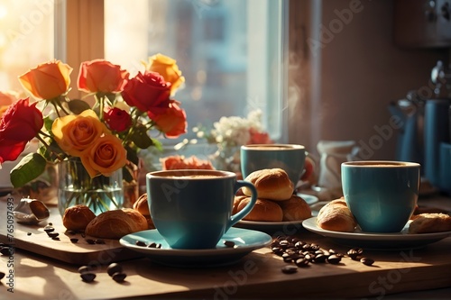 Morning Breakfast Spread Featuring Fresh Coffee, Pastries, and Roses at Sunrise