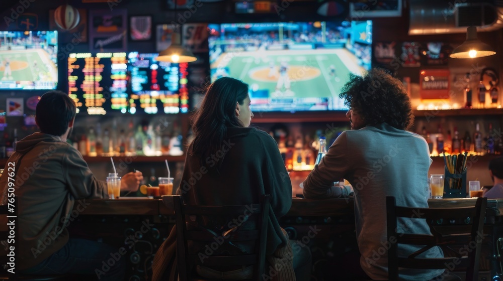 People at sports bar, watching game, enjoying drinks, lively ambiance. Friends gather at a bar, engrossed in an exciting sports game. People at sports bar, watching game, enjoying drinks, lively ambiance. Friends gather at a bar, engrossed in an exciting sports game.