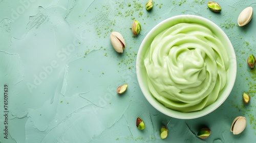 top view circle of green yogurt topped with pistachios sits on a table, a refreshing blend of waterbased cuisine with a terrestrial plant ingredient photo