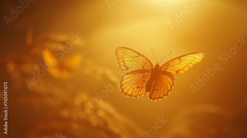  a close up of a yellow butterfly flying in the air with the sun shining through the clouds in the background.