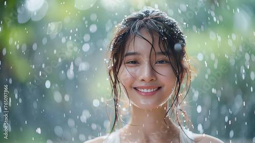 Beautiful Asian Woman with Happy and Serene Expression Enjoying Summer Rain in Nature. © Dantaz