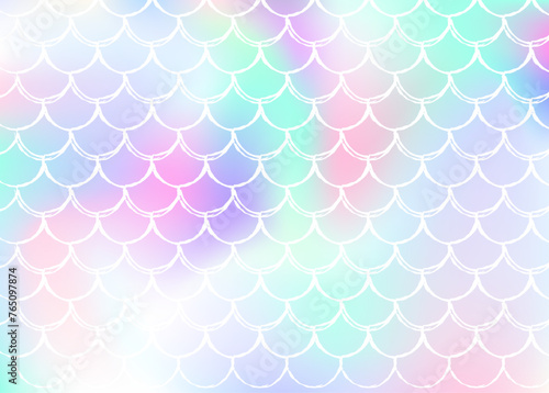 Gradient scale background with holographic mermaid. Bright color transitions. Fish tail banner and invitation. Underwater and sea pattern for girlie party. Multicolor backdrop with gradient scale.