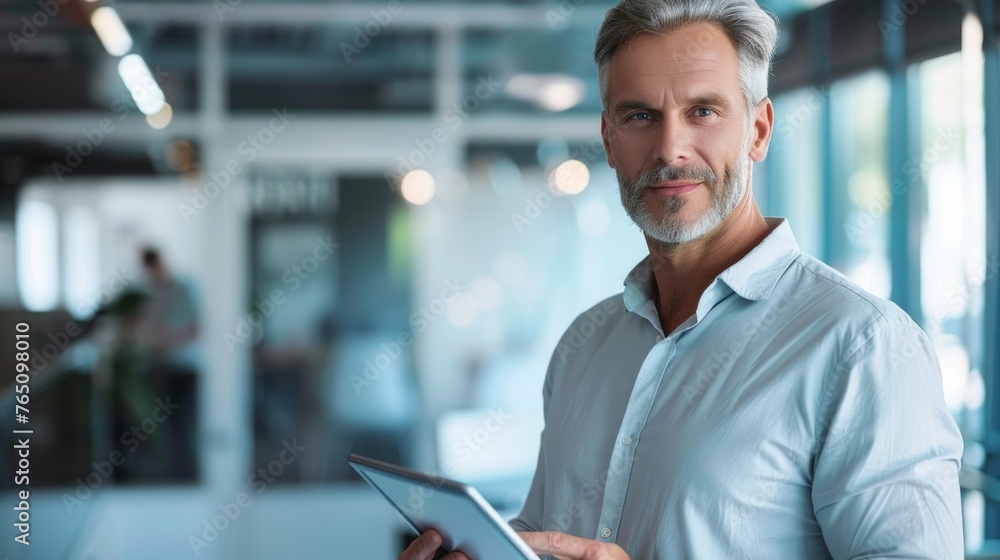 A handsome middle aged man holding a tablet. Blurry office environment in the background. Copy space. A handsome middle aged man holding a tablet. Blurry office environment in the background. Copy space.