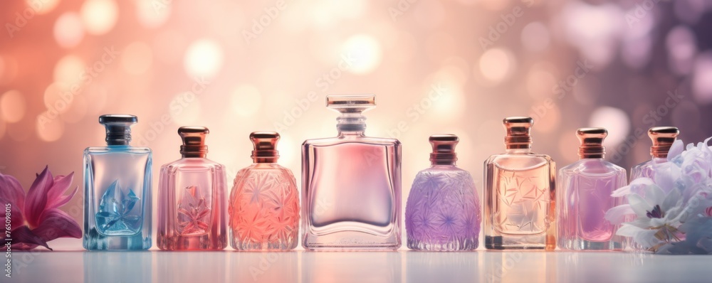 Luxury perfume tender with flowers around, banner in pastel warm colours. Generative Ai. Luxury perfume tender with flowers around, banner in pastel warm colours. Generative Ai.