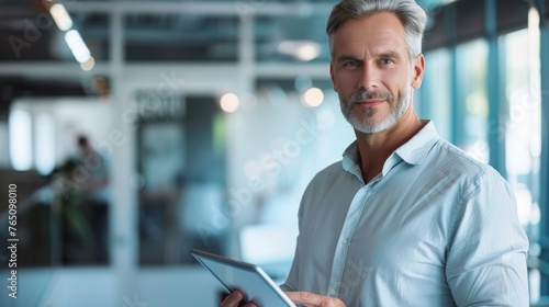 A handsome middle aged man holding a tablet. Blurry office environment in the background. Copy space.