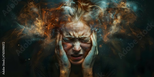 A woman with multiple mental health conditions showing signs of distress and inner turmoil. Concept Mental Health, Distress, Inner Turmoil, Woman Portrait, Psychological Struggle