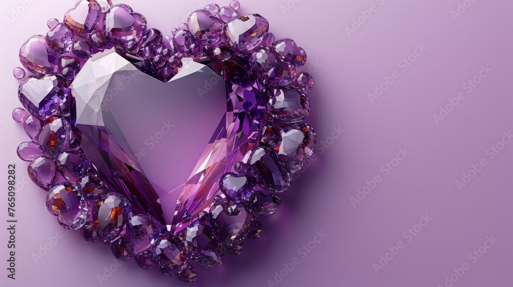  a purple heart shaped object sitting on top of a purple surface with lots of crystals in the shape of a heart.