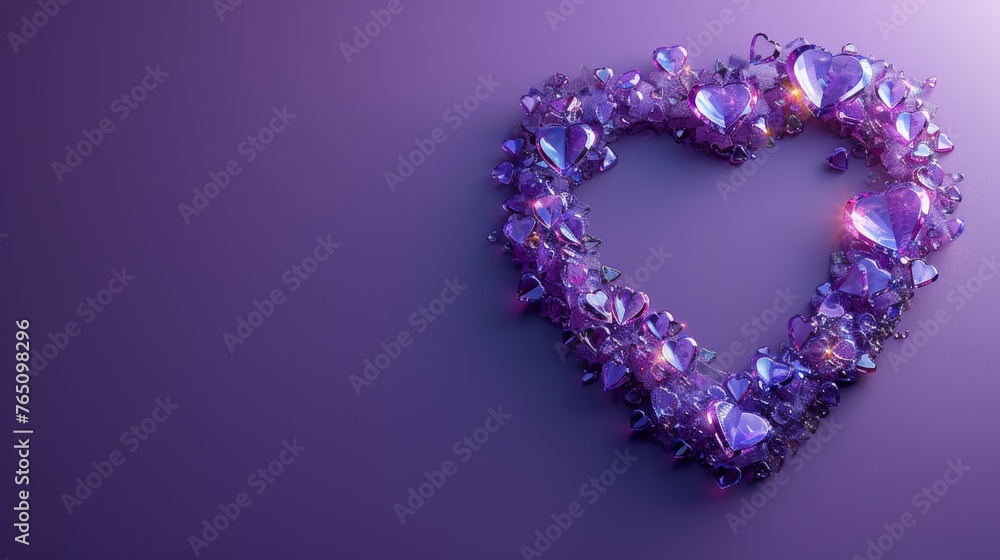  a purple heart shaped object sitting on top of a purple surface with a light shining through the middle of it.