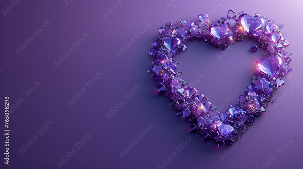a purple heart shaped object sitting on top of a purple surface with a light shining through the middle of it. a purple heart shaped object sitting on top of a purple surface with a light shining through the middle of it.