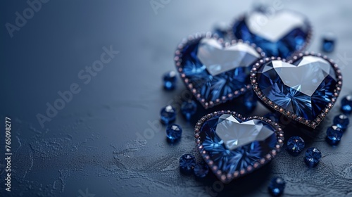  a group of blue heart shaped jewels on a black surface with drops of water on the surface and a blue background.