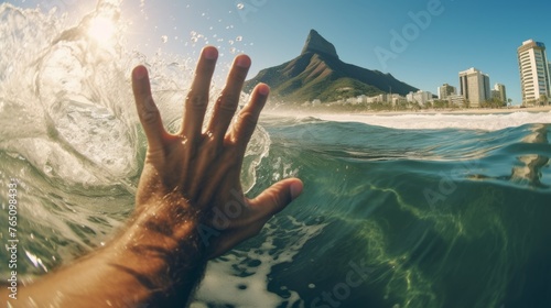 A photo from first person while surfing waves through a at Beach showing hands 