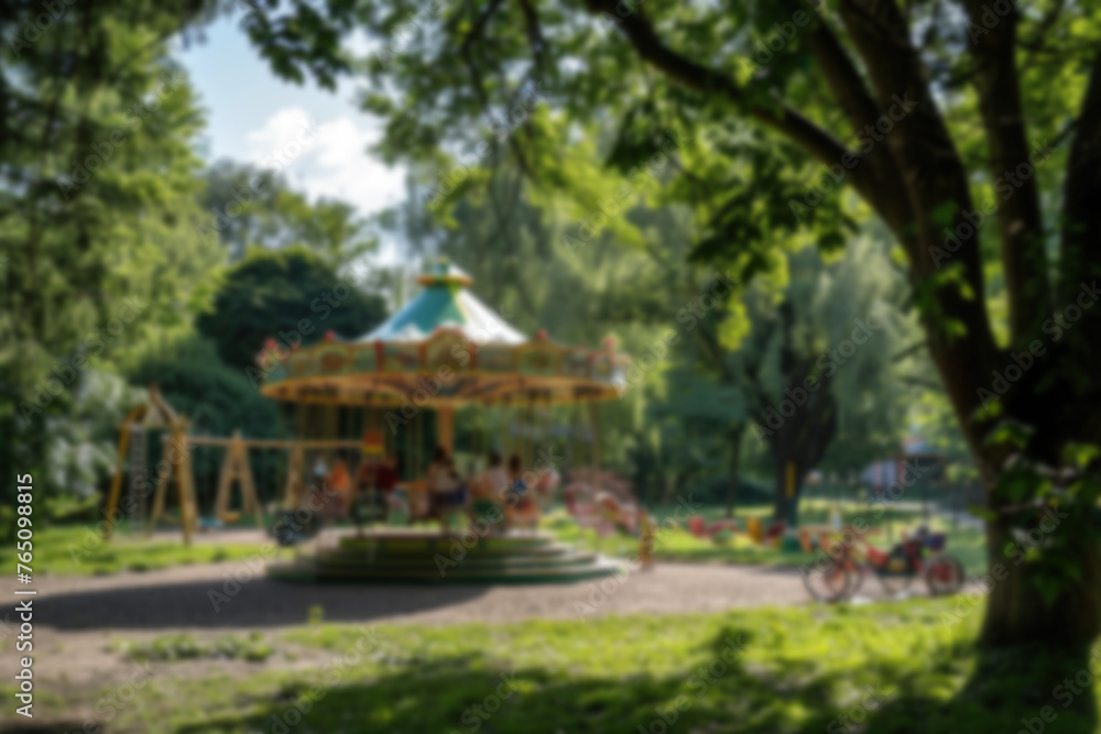 blurred image of children on a carousel against the backdrop of a bright green park on sunny day blurred image of children on a carousel against the backdrop of a bright green park on sunny day