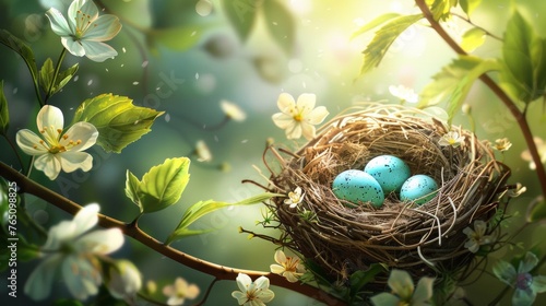 A bird nest with three eggs in it on a branch  AI