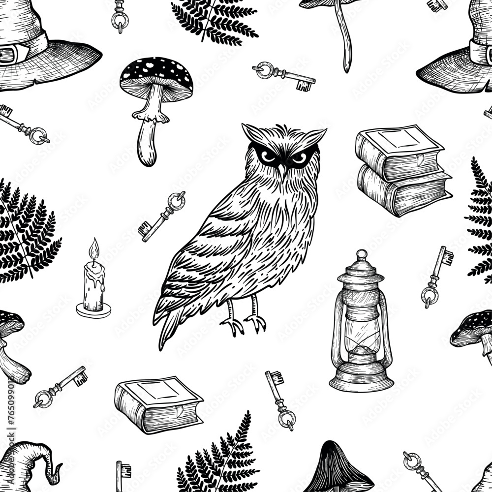 custom made wallpaper toronto digitalVector seamless pattern with magical elements such as hat, owl, books, mushrooms, fern, owl. Can be used to design packaging paper, textiles, etc.