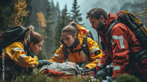 Paramedics from mountain rescue service provide first aid during a training for saving a person in accident in the forest.