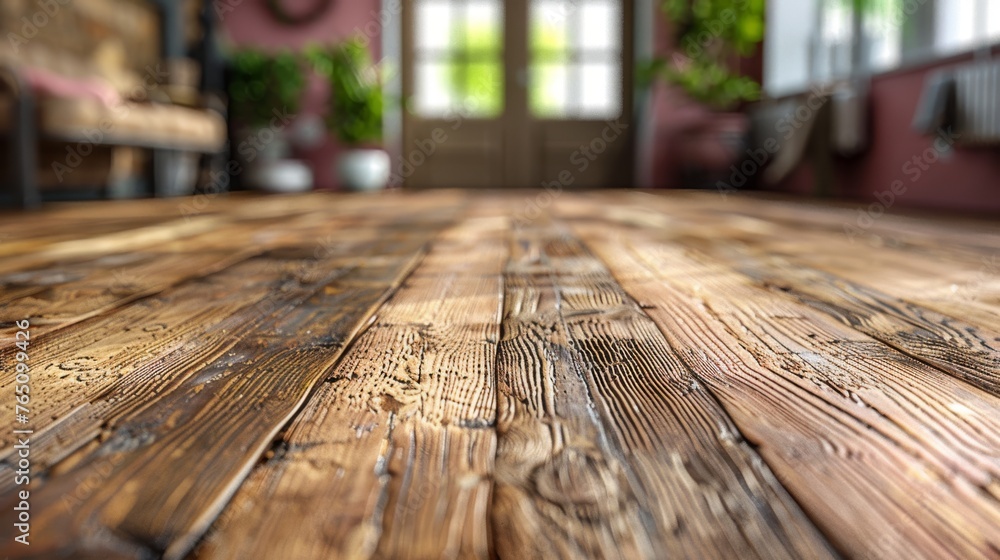 a close up of a wooden floor in a room with pink walls and a wooden table in the foreground. a close up of a wooden floor in a room with pink walls and a wooden table in the foreground.