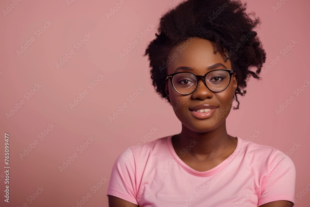 Attractive african american woman wearing pink t-shirt and glasses. Isolated on pink background. Attractive african american woman wearing pink t-shirt and glasses. Isolated on pink background.