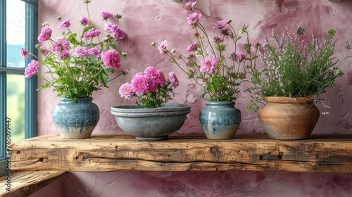  a group of three vases filled with flowers sitting on a wooden shelf in front of a pink painted wall.