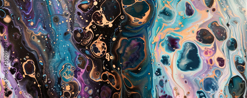 Abstract Acrylic Pour Artwork. Vivid abstract acrylic pour painting with swirling, intermingling colors and organic cell-like patterns.