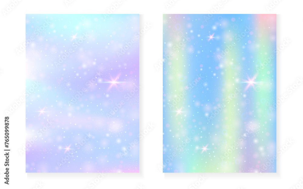 Unicorn background with kawaii magic gradient. Princess rainbow hologram. Holographic fairy set. Spectrum fantasy cover. Unicorn background with sparkles and stars for cute girl party invitation. Unicorn background with kawaii magic gradient. Princess rainbow hologram. Holographic fairy set. Spectrum fantasy cover. Unicorn background with sparkles and stars for cute girl party invitation.
