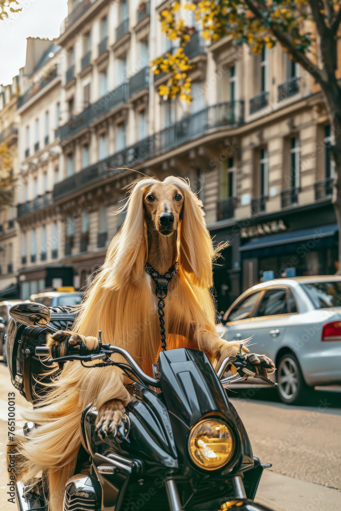 Long-haired dog riding a motorcycle at high speed